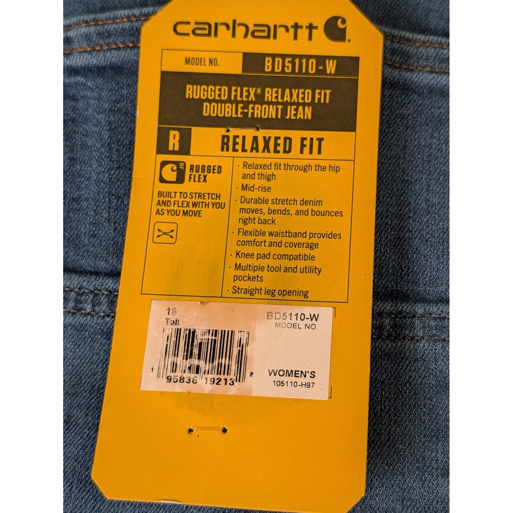 Carhartt Rugged Flex Relaxed Fit Double Front Jeans Womens 18 Tall Blue NWT - Picture 10 of 16